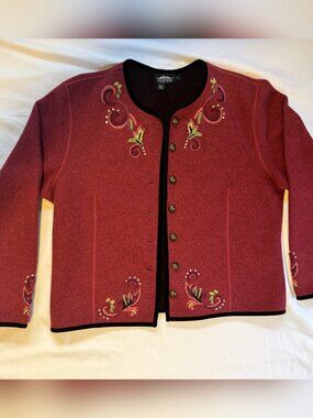 Vintage Icelandic Design Embroidered Wool Cardigan | Pink | Size L | 2005